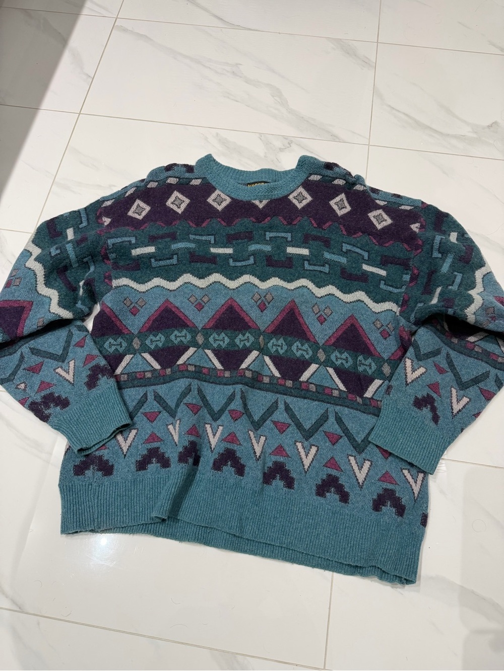 Teal Patterned Crewneck Sweater